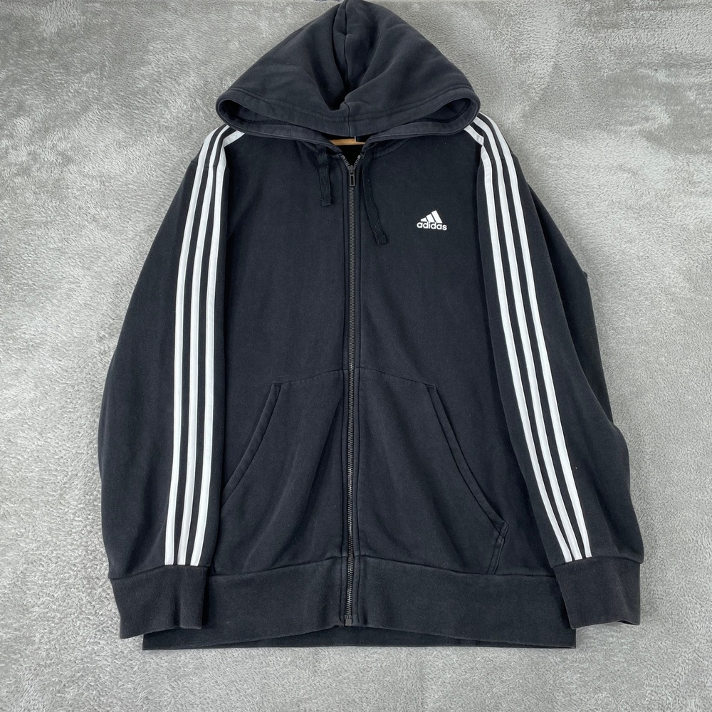 Adidas Hoodie Mens Large Black 3 Stripes Full Zip Fleece Sweatshirt